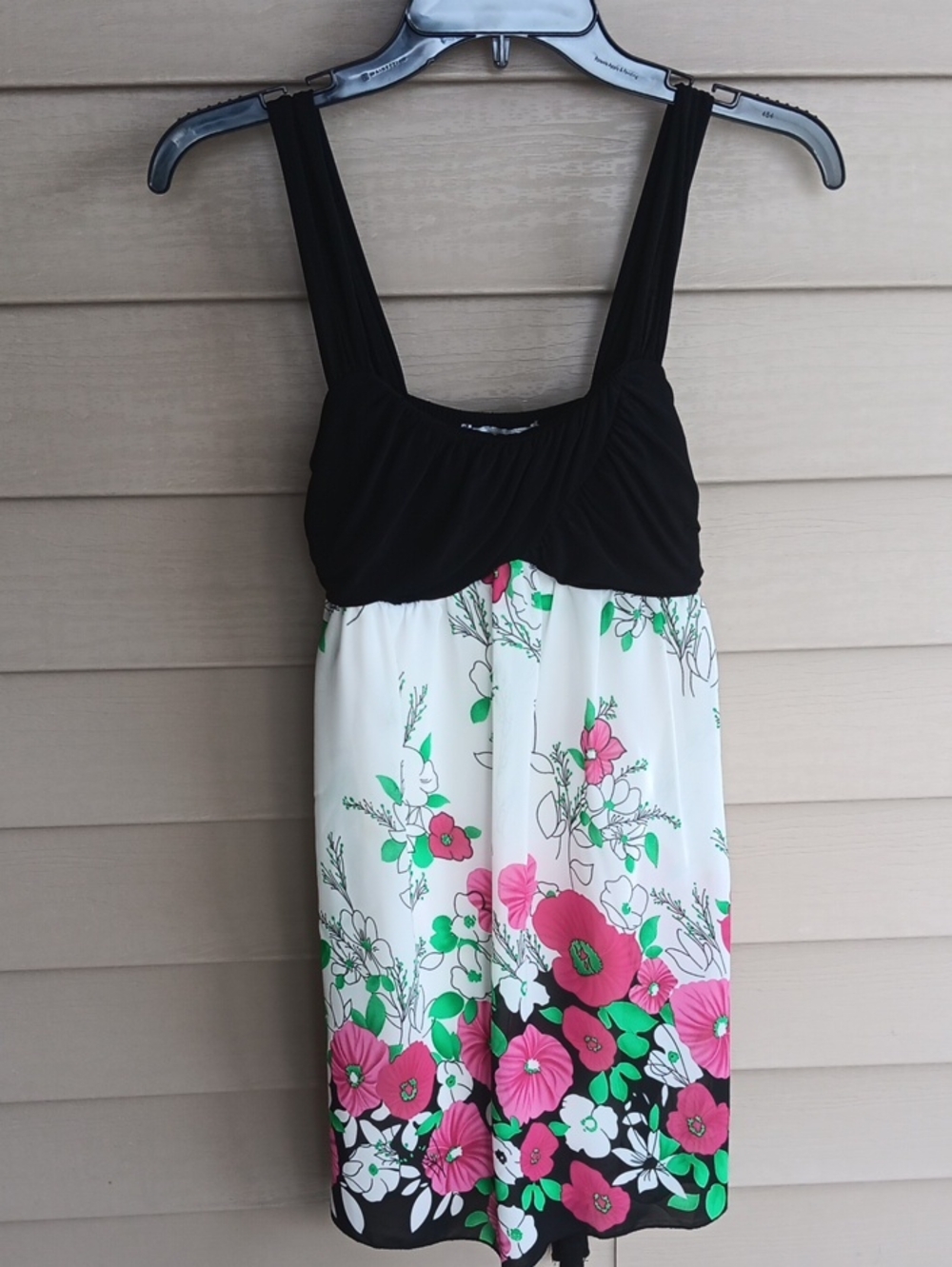 La Belle Sundress With Black Ruched Bodice  And White Floral Overlay. Size 5